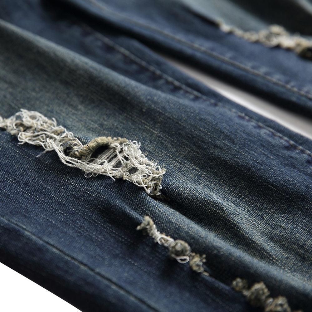 Men's Cotton Straight Ripped Hole Jeans Pants - Fashion Straight Casual Jeans (3U9)