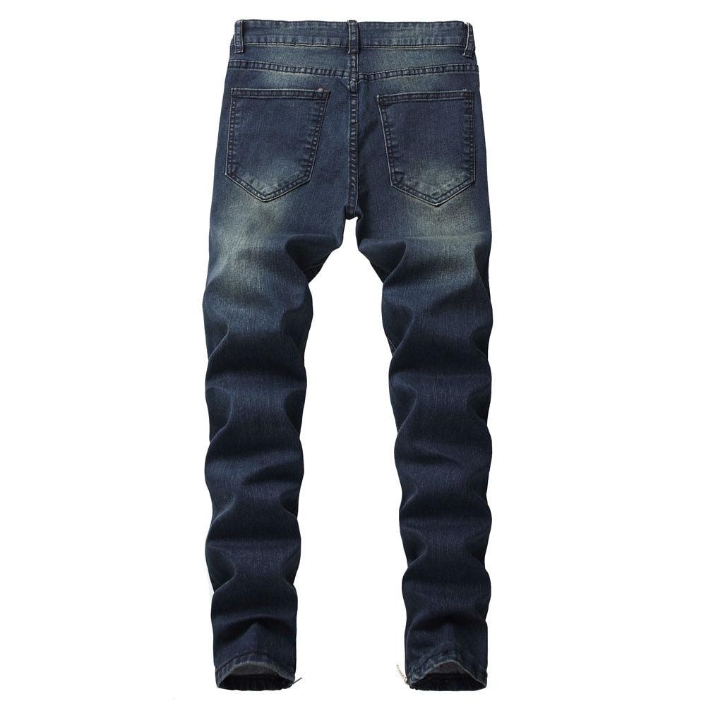 Men's Cotton Straight Ripped Hole Jeans Pants - Fashion Straight Casual Jeans (3U9)