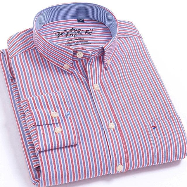Men's Fashion Long Sleeve Plaid Striped Oxford Shirt - Single Pocket Standard Fit Button Down Shirts (D8)(TM1)