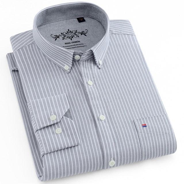 Men's Fashion Long Sleeve Plaid Striped Oxford Shirt - Single Pocket Standard Fit Button Down Shirts (D8)(TM1)