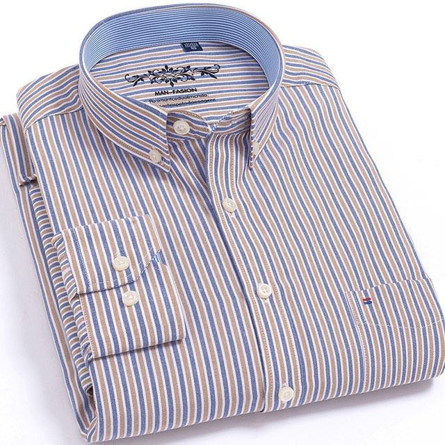 Men's Fashion Long Sleeve Plaid Striped Oxford Shirt - Single Pocket Standard Fit Button Down Shirts (D8)(TM1)