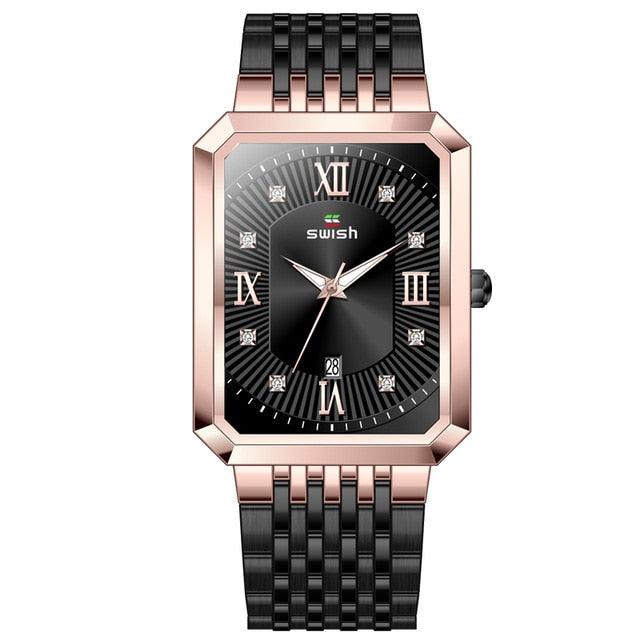 Men's Luxury Stainless Steel Gold Watch - Geneva Rectangle Quartz Watch (2MA1)(F84)