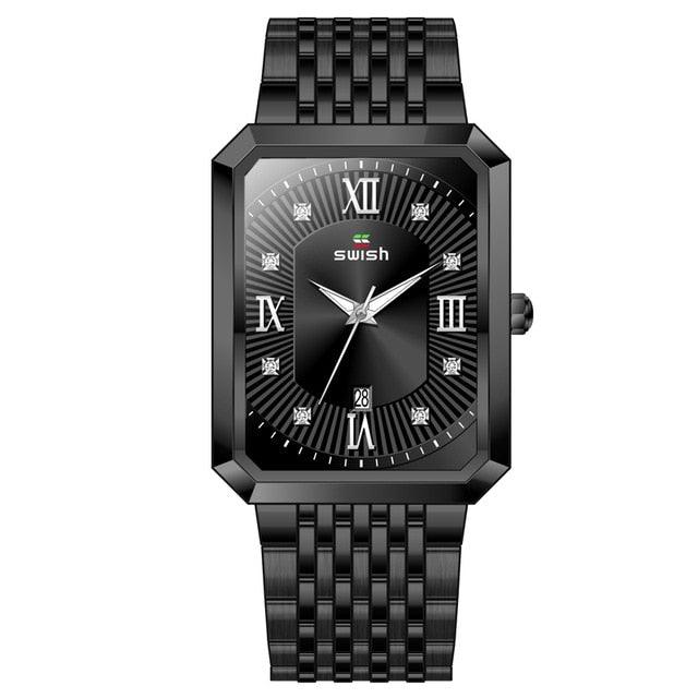 Men's Luxury Stainless Steel Gold Watch - Geneva Rectangle Quartz Watch (2MA1)(F84)
