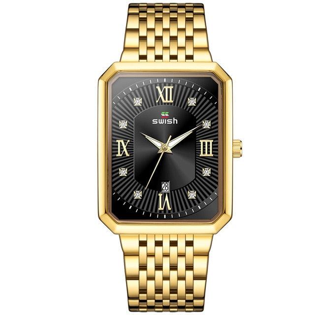 Men's Luxury Stainless Steel Gold Watch - Geneva Rectangle Quartz Watch (2MA1)(F84)