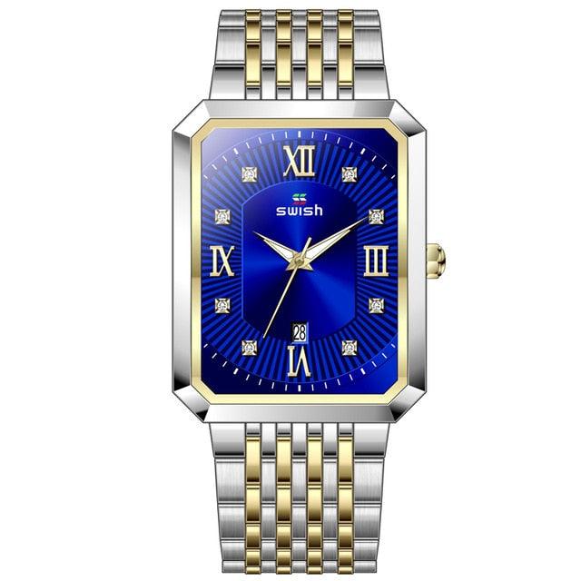 Men's Luxury Stainless Steel Gold Watch - Geneva Rectangle Quartz Watch (2MA1)(F84)