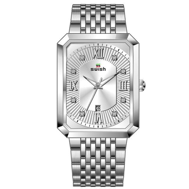 Men's Luxury Stainless Steel Gold Watch - Geneva Rectangle Quartz Watch (2MA1)(F84)