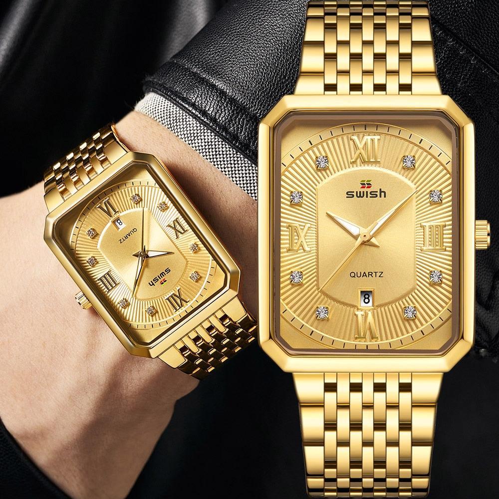 Men's Luxury Stainless Steel Gold Watch - Geneva Rectangle Quartz Watch (2MA1)(F84)