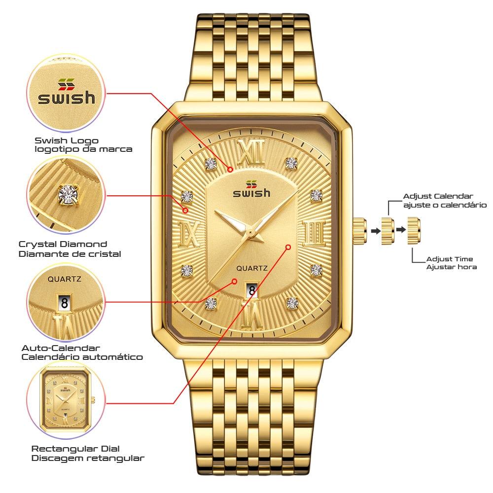 Men's Luxury Stainless Steel Gold Watch - Geneva Rectangle Quartz Watch (2MA1)(F84)