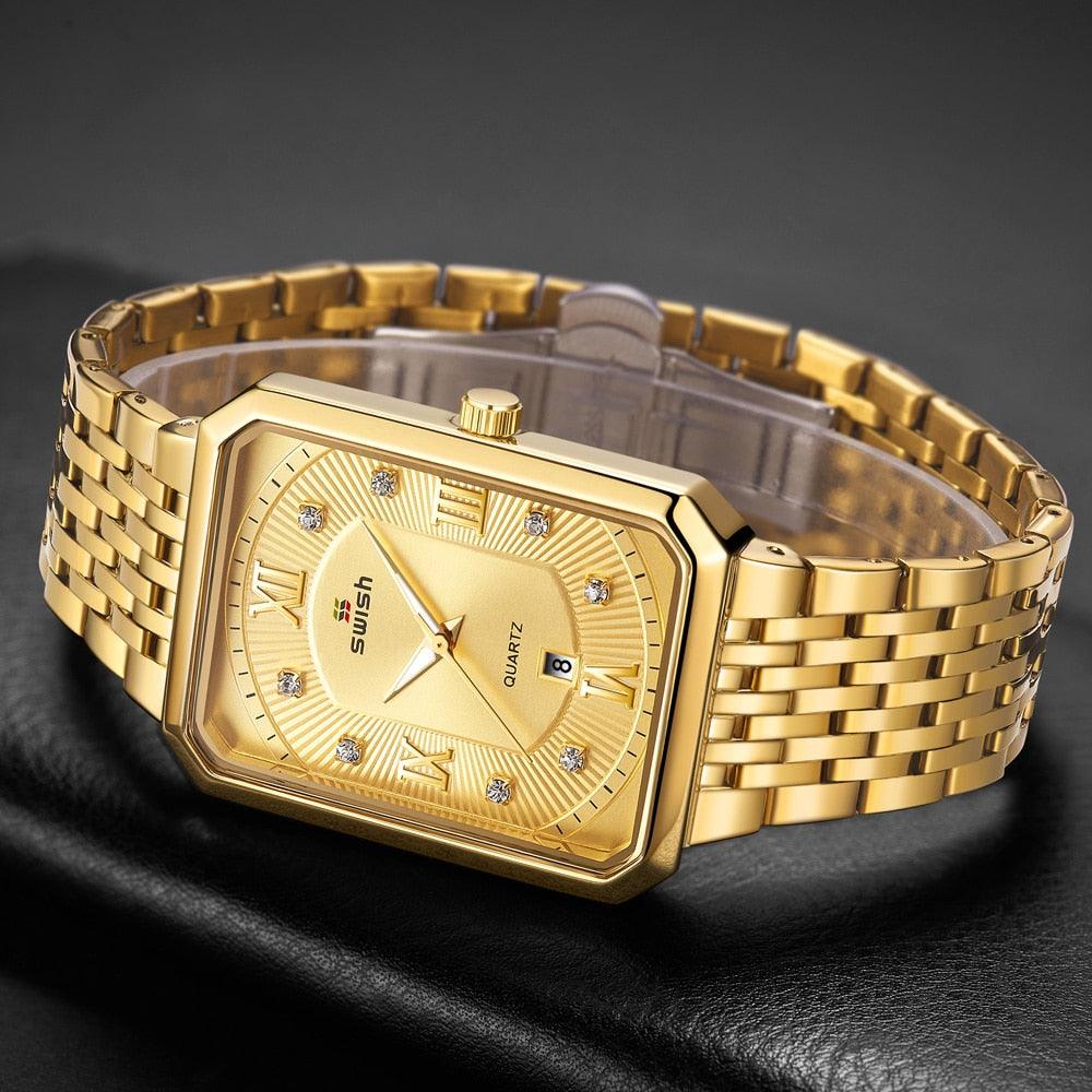 Men's Luxury Stainless Steel Gold Watch - Geneva Rectangle Quartz Watch (2MA1)(F84)