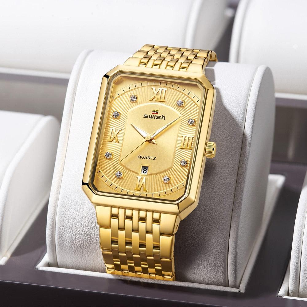 Men's Luxury Stainless Steel Gold Watch - Geneva Rectangle Quartz Watch (2MA1)(F84)