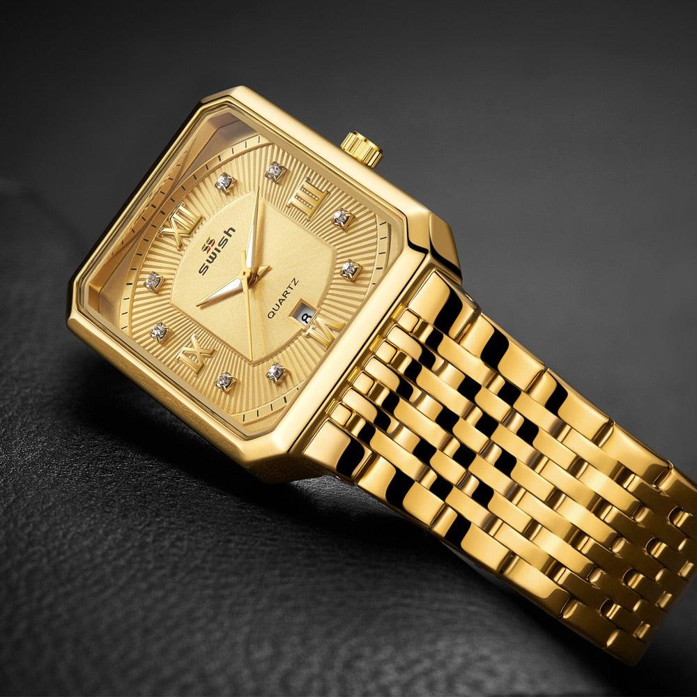 Men's Luxury Stainless Steel Gold Watch - Geneva Rectangle Quartz Watch (2MA1)(F84)