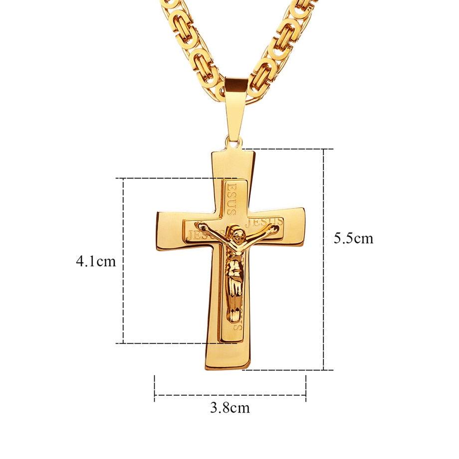 Men's Necklace - Big Cross Pendant & Chain Mens Gold Color Stainless Steel Christian Necklaces (D83)(MJ2)
