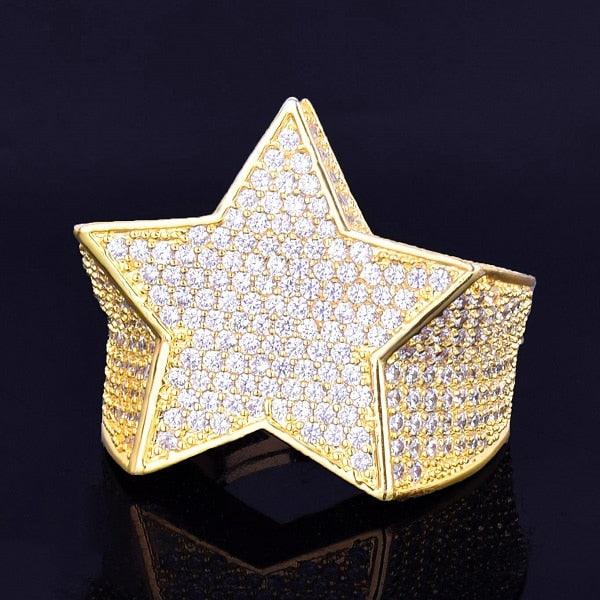 Men's Star Ring 18 K Copper Charm Gold Color Full Zircon Ring - Fashion Hip Hop Rock Jewelry (2U83)