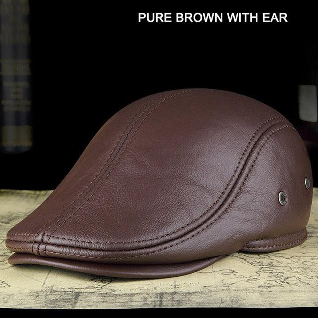 Men's Outdoor Leather Hat - Winter Warm Ear Protection Cap - 100% Genuine Leather (D17)(MA3)