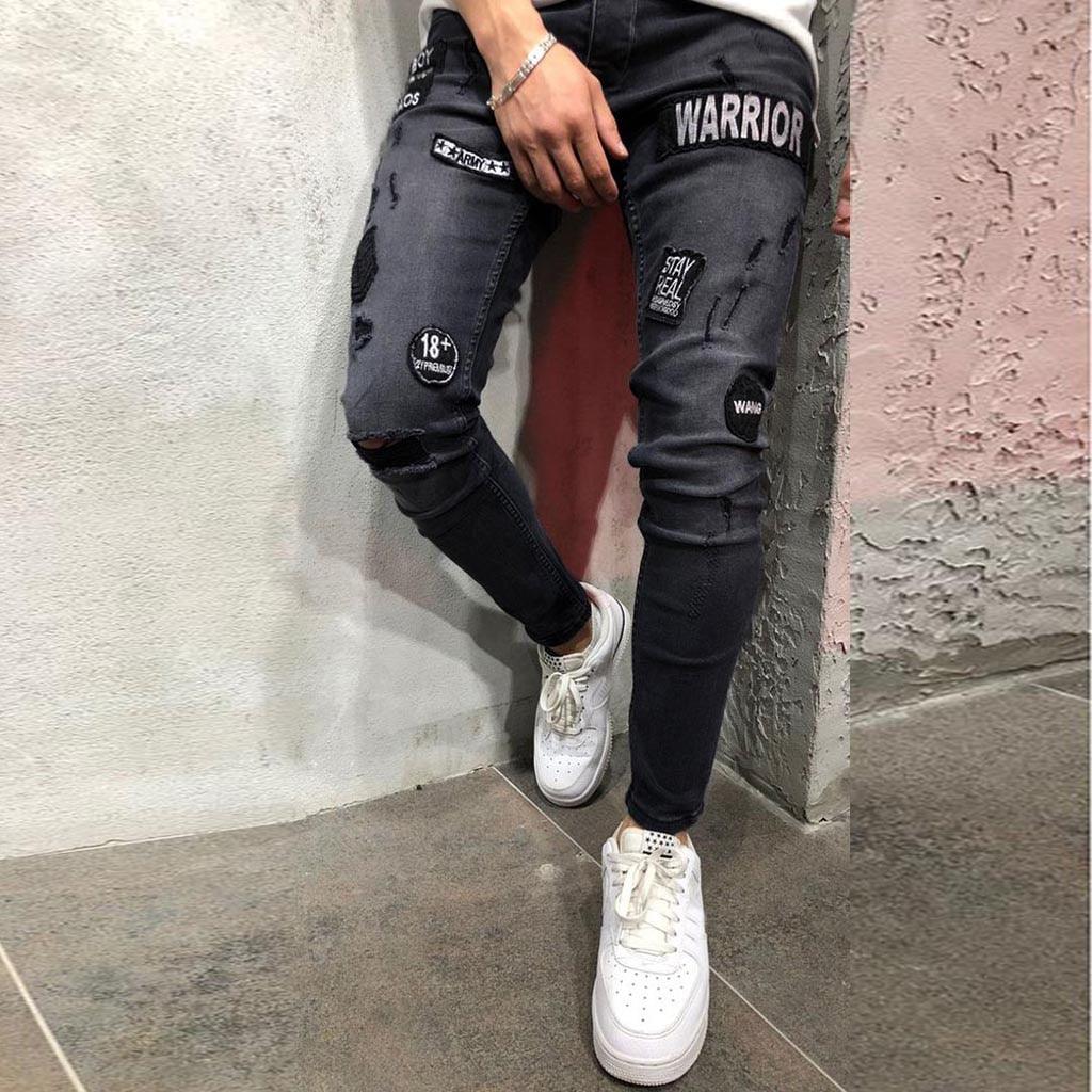 Men's Stretch Distressed Ripped Slim Fit Pocket Jeans Trousers (3U9)