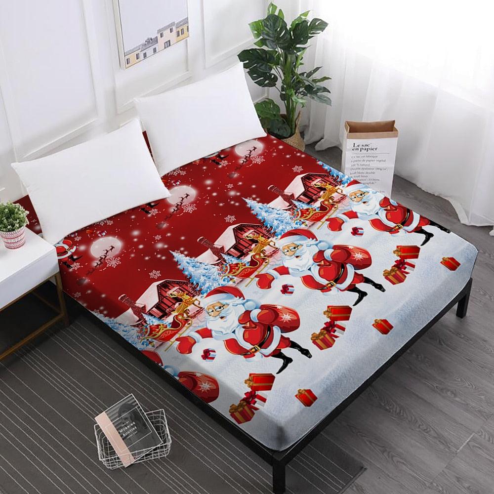 Merry Christmas Bed Sheets Red Santa Claus Cartoon Fitted Sheet Festival - Elastic Band (5BM)(B&6)