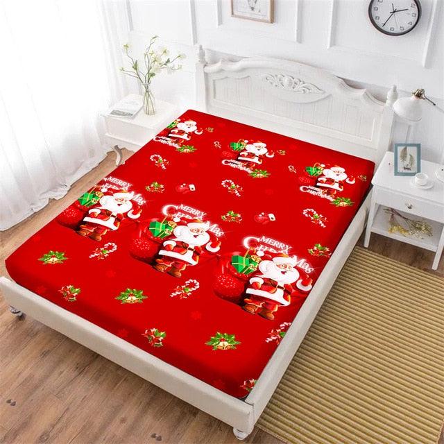 Merry Christmas Bed Sheets Red Santa Claus Cartoon Fitted Sheet Festival - Elastic Band (5BM)(B&6)
