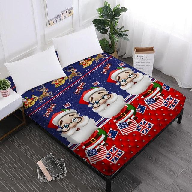 Merry Christmas Bed Sheets Red Santa Claus Cartoon Fitted Sheet Festival - Elastic Band (5BM)(B&6)