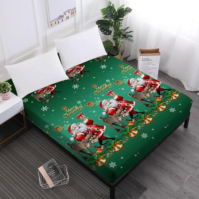 Merry Christmas Bed Sheets Red Santa Claus Cartoon Fitted Sheet Festival - Elastic Band (5BM)(B&6)