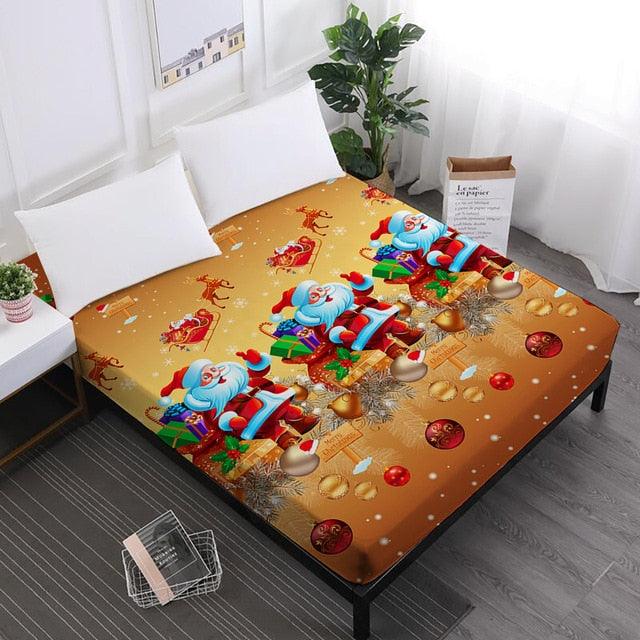 Merry Christmas Bed Sheets Red Santa Claus Cartoon Fitted Sheet Festival - Elastic Band (5BM)(B&6)