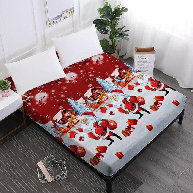 Merry Christmas Bed Sheets Red Santa Claus Cartoon Fitted Sheet Festival - Elastic Band (5BM)(B&6)
