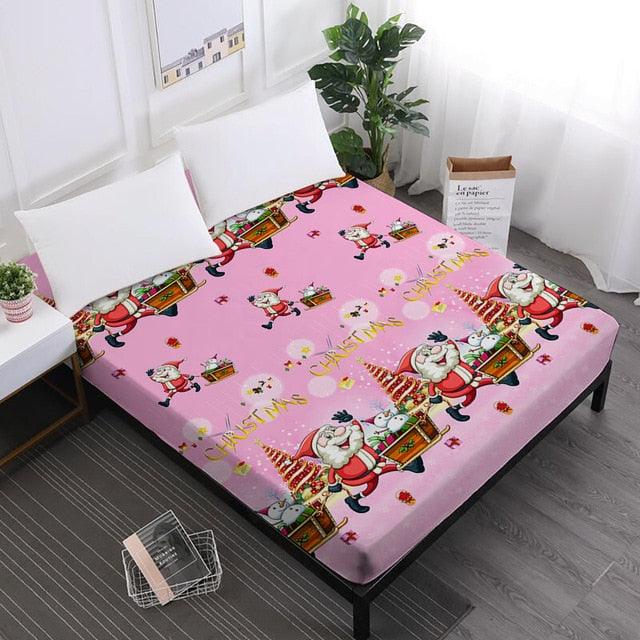 Merry Christmas Bed Sheets Red Santa Claus Cartoon Fitted Sheet Festival - Elastic Band (5BM)(B&6)