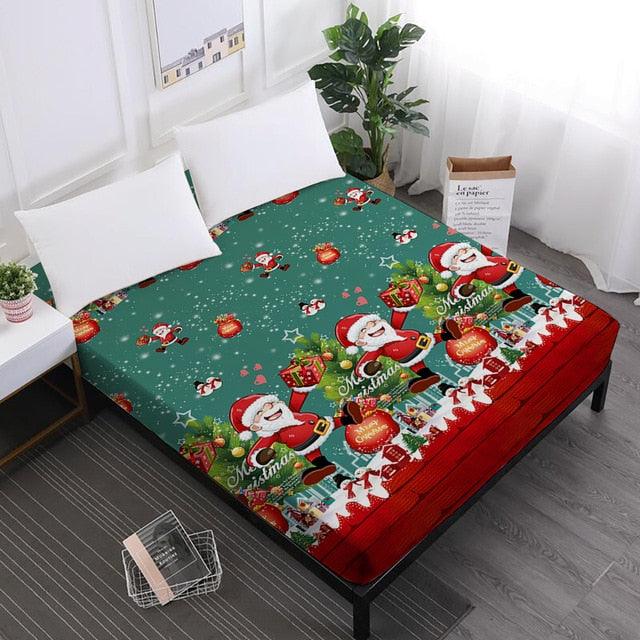 Merry Christmas Bed Sheets Red Santa Claus Cartoon Fitted Sheet Festival - Elastic Band (5BM)(B&6)