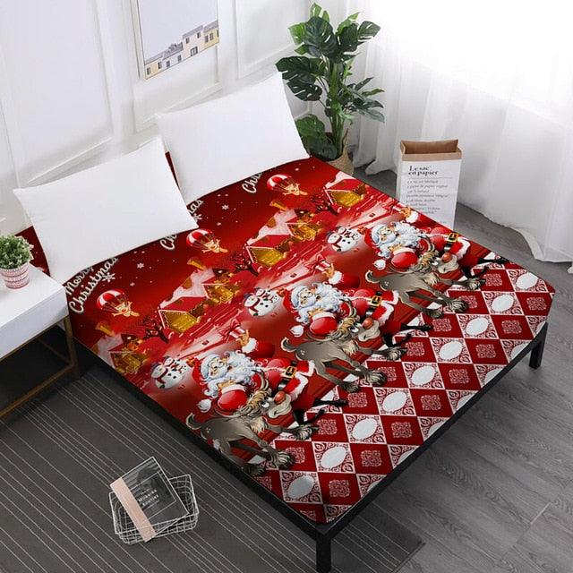 Merry Christmas Bed Sheets Red Santa Claus Cartoon Fitted Sheet Festival - Elastic Band (5BM)(B&6)