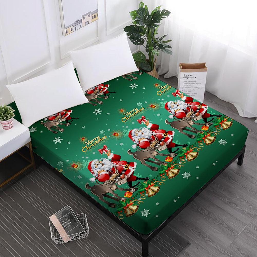 Merry Christmas Bed Sheets Red Santa Claus Cartoon Fitted Sheet Festival - Elastic Band (5BM)(B&6)