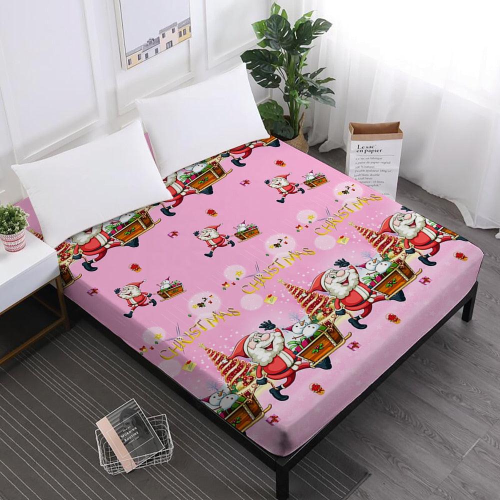 Merry Christmas Bed Sheets Red Santa Claus Cartoon Fitted Sheet Festival - Elastic Band (5BM)(B&6)