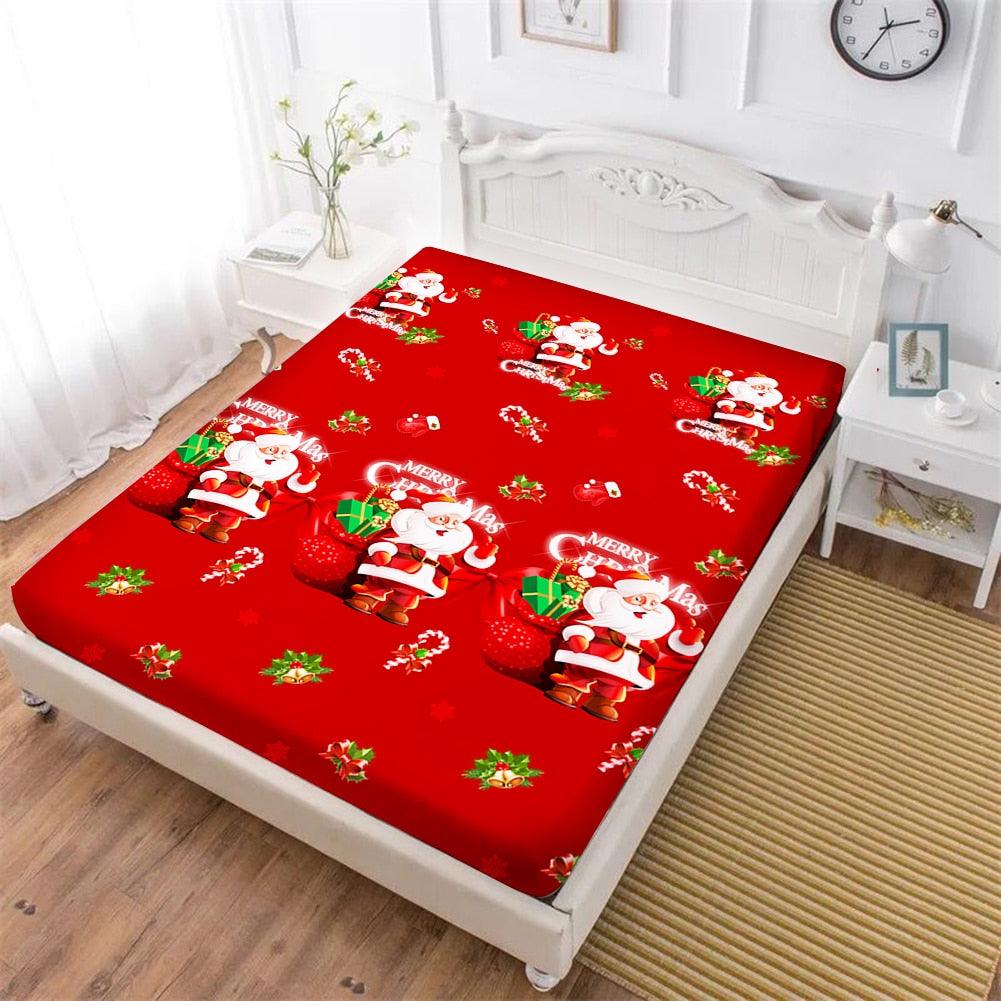 Merry Christmas Bed Sheets Red Santa Claus Cartoon Fitted Sheet Festival - Elastic Band (5BM)(B&6)