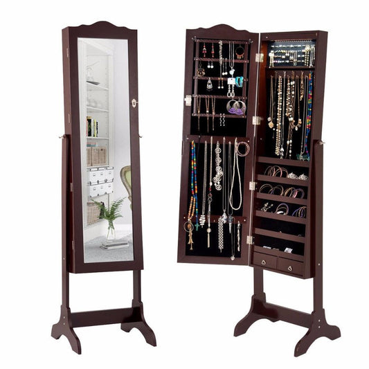 Mirrored Jewelry Cabinet Armoire Storage Organizer w/Drawer & Led Lights Brown/White (1FW1)(1U67)