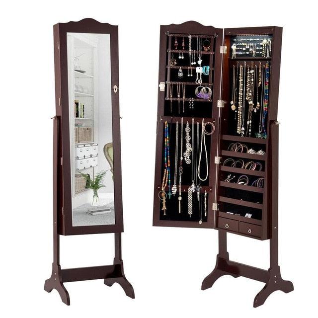 Mirrored Jewelry Cabinet Armoire Storage Organizer w/Drawer & Led Lights Brown/White (1FW1)(1U67)