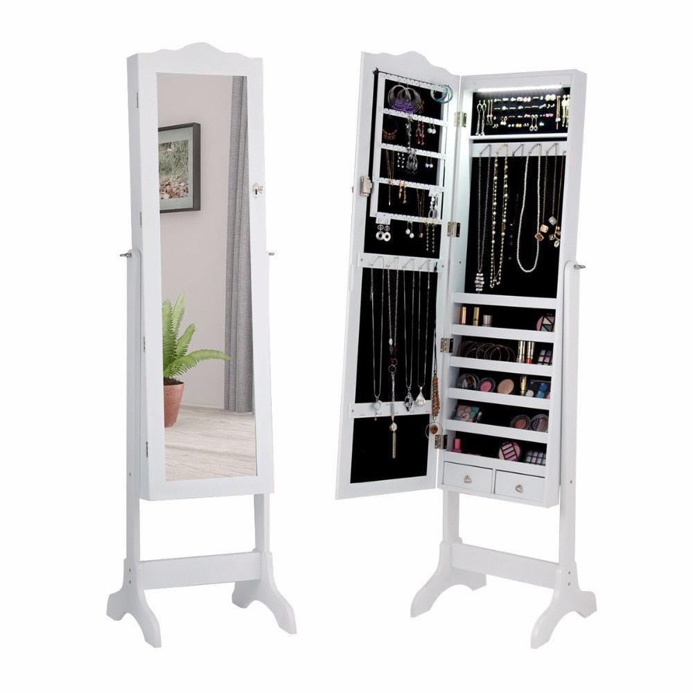 Mirrored Jewelry Cabinet Armoire Storage Organizer w/Drawer & Led Lights Brown/White (1FW1)(1U67)