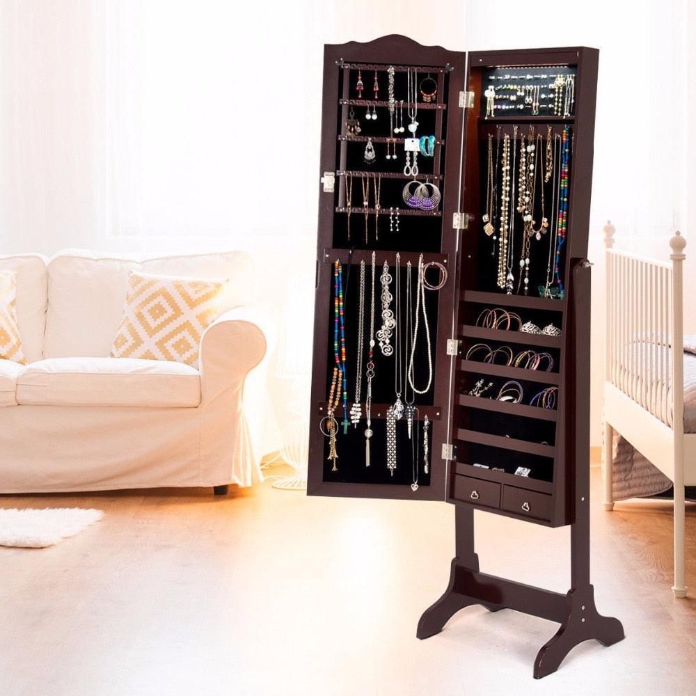 Mirrored Jewelry Cabinet Armoire Storage Organizer w/Drawer & Led Lights Brown/White (1FW1)(1U67)