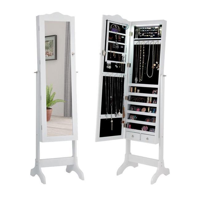 Mirrored Jewelry Cabinet Armoire Storage Organizer w/Drawer & Led Lights Brown/White (1FW1)(1U67)
