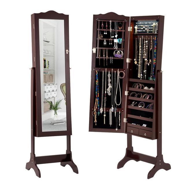 Mirrored Jewelry Cabinet Armoire Storage Organizer w/Drawer & Led Lights Brown/White (1FW1)(1U67)