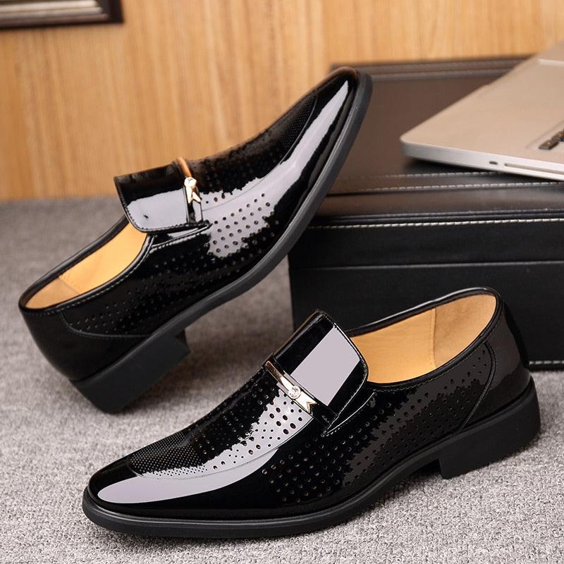 Summer Men's Dress Shoes - Formal Black Brown PU Leather Shoes Slip on (D14)(MSF3)