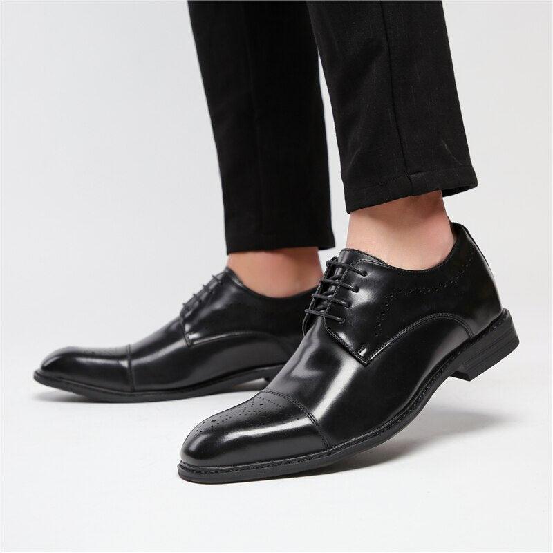 5CM Height Increase Men's Brogue Leather Dress Shoes - Classic Brown Black Square Toe Derby Formal Shoes (MSF2)(MSF1)(F14)