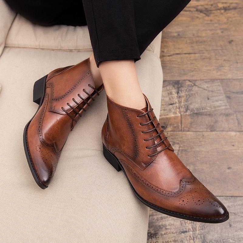 lace up casual dress boots for men Handmade Mens Black Cap Toe Lace Up High Ankle Business Leather Dress Boots