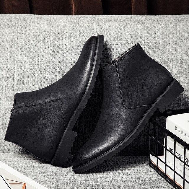 Fashion Thin Simple Zipper Leather Boots - British Style Pointed Toe Chelsea Boots (MSB1)(MSF6)(F13)