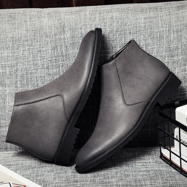Fashion Thin Simple Zipper Leather Boots - British Style Pointed Toe Chelsea Boots (MSB1)(MSF6)(F13)