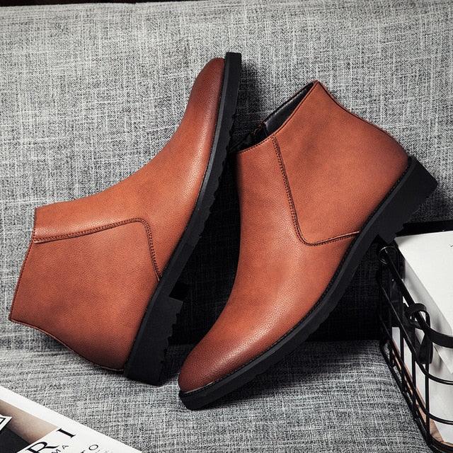 Fashion Thin Simple Zipper Leather Boots - British Style Pointed Toe Chelsea Boots (MSB1)(MSF6)(F13)