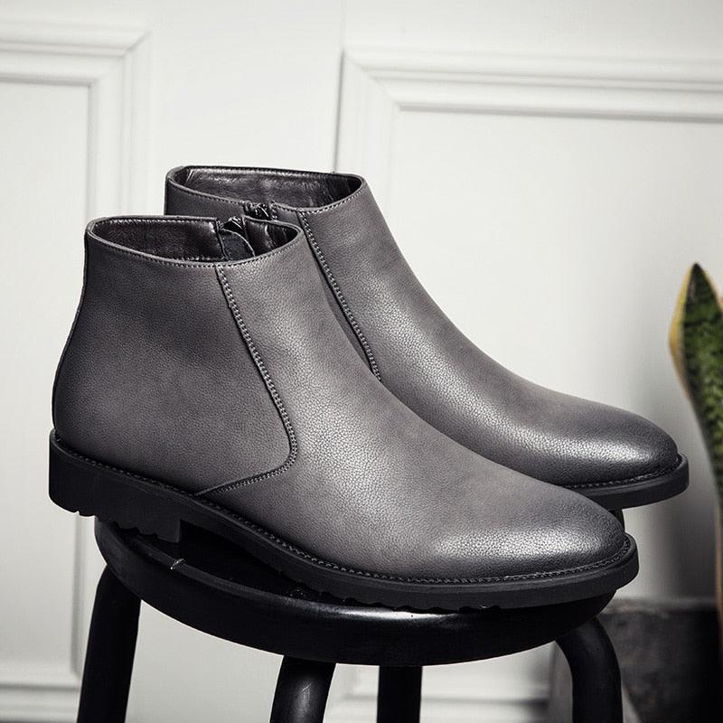 Fashion Thin Simple Zipper Leather Boots - British Style Pointed Toe Chelsea Boots (MSB1)(MSF6)(F13)