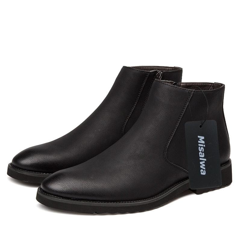 Fashion Thin Simple Zipper Leather Boots - British Style Pointed Toe Chelsea Boots (MSB1)(MSF6)(F13)