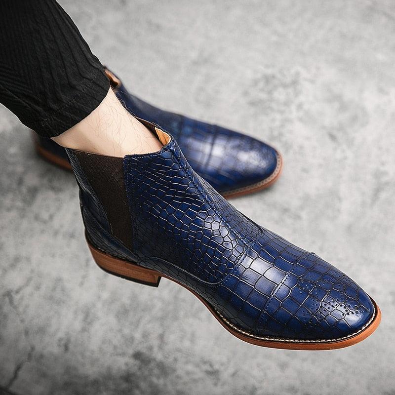 Italian Men Chelsea Boots - PU Leather Pointed Toe British Crocodile Pattern (D13)(MSB1)(MSF6)