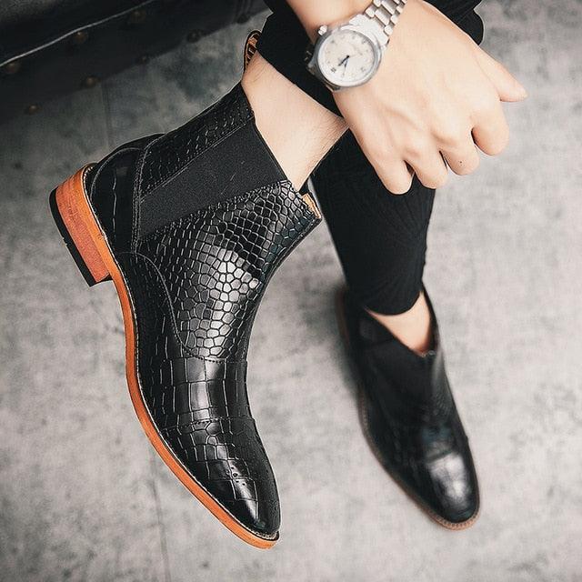 Italian Men Chelsea Boots - PU Leather Pointed Toe British Crocodile Pattern (D13)(MSB1)(MSF6)