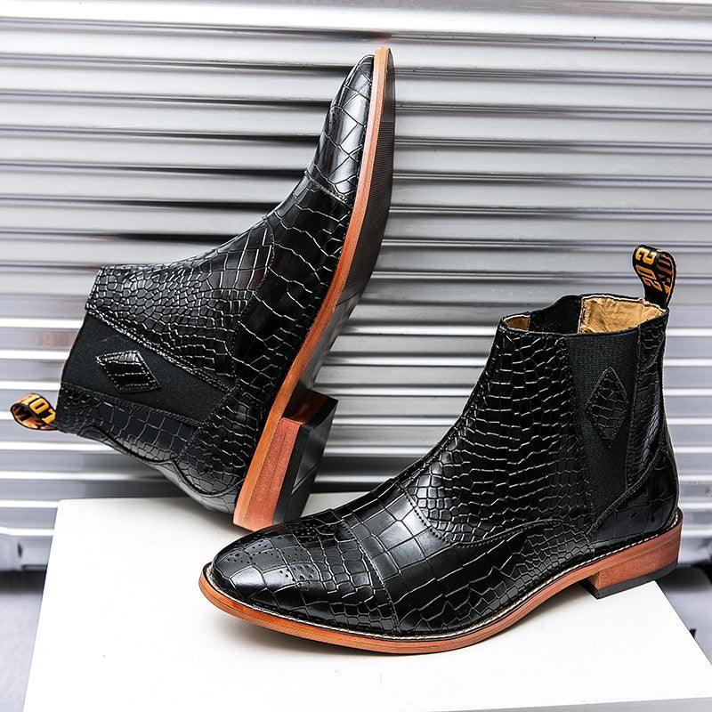 Italian Men Chelsea Boots - PU Leather Pointed Toe British Crocodile Pattern (D13)(MSB1)(MSF6)