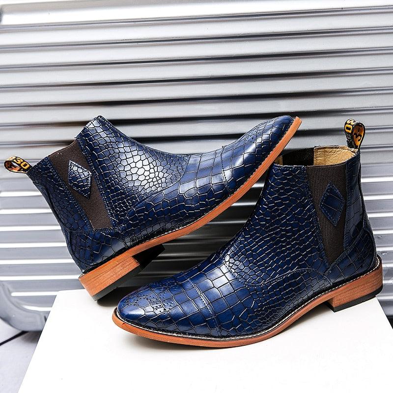 Italian Men Chelsea Boots - PU Leather Pointed Toe British Crocodile Pattern (D13)(MSB1)(MSF6)