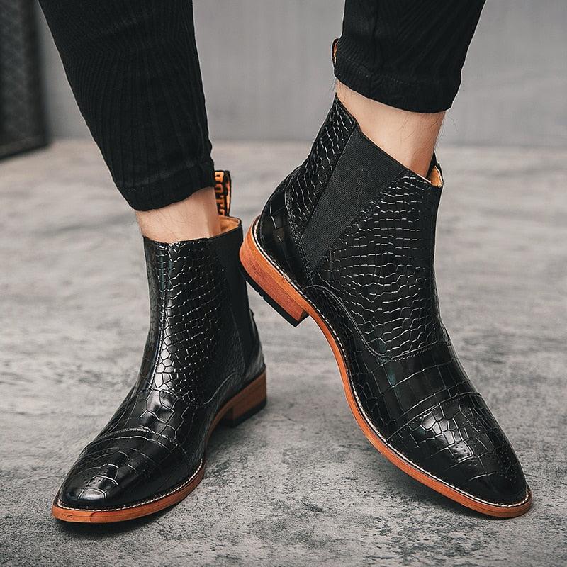 Italian Men Chelsea Boots - PU Leather Pointed Toe British Crocodile Pattern (D13)(MSB1)(MSF6)